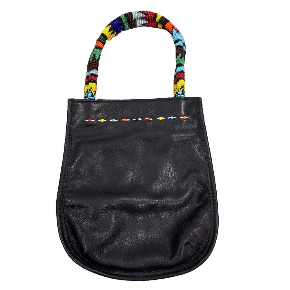 Maxima Wilsons Genuine Leather Beaded Handle Mini Tote Purse Black Colorful Bag